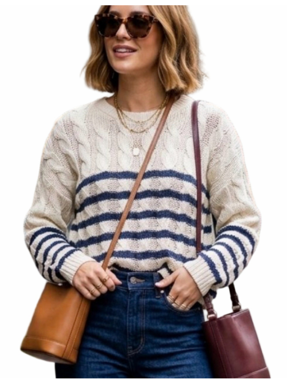 Women's American Eagle Cable Knit Striped Crew Neck Sweater Beige Blue L. 2021